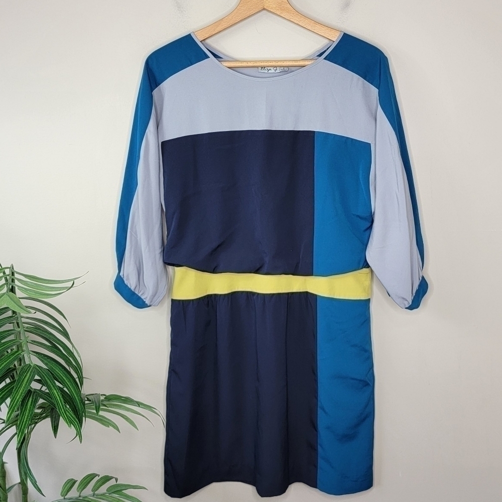 Eliza J Navy Teal Gray Yellow Colorblock 3/4 Sleeve Dress Size 8